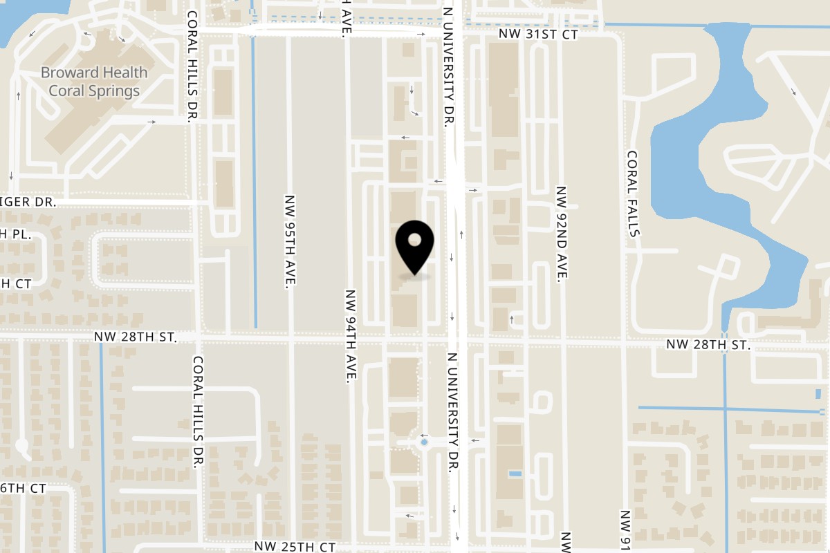 Map showing the location of Talkin' Tacos Coral Springs on 2866 N University Dr in Coral Springs